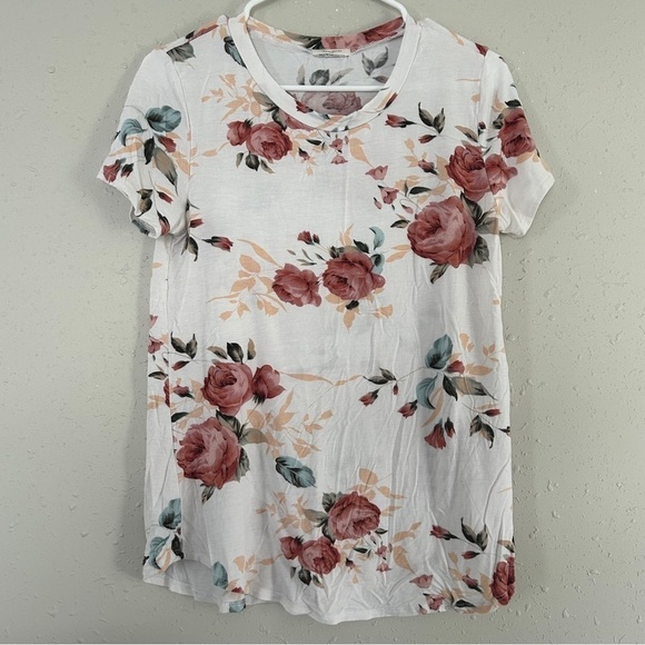 12 PM by Mon Ami White Pink Floral Short Sleeve Blouse Soft Comfy Stretch Large - Picture 1 of 6